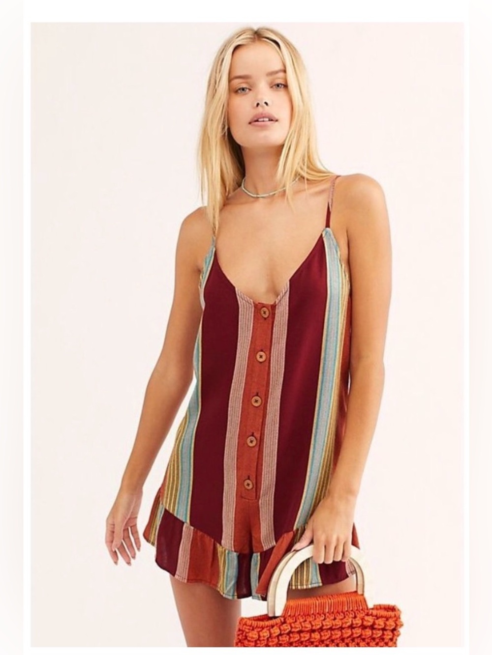 Free People Striped Rust & Multicolor Button-Front romper